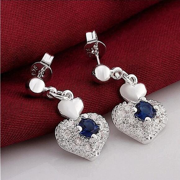 Sterling Silver Sapphire Heart Necklace Earrings Matching Set - Picture 6 of 6